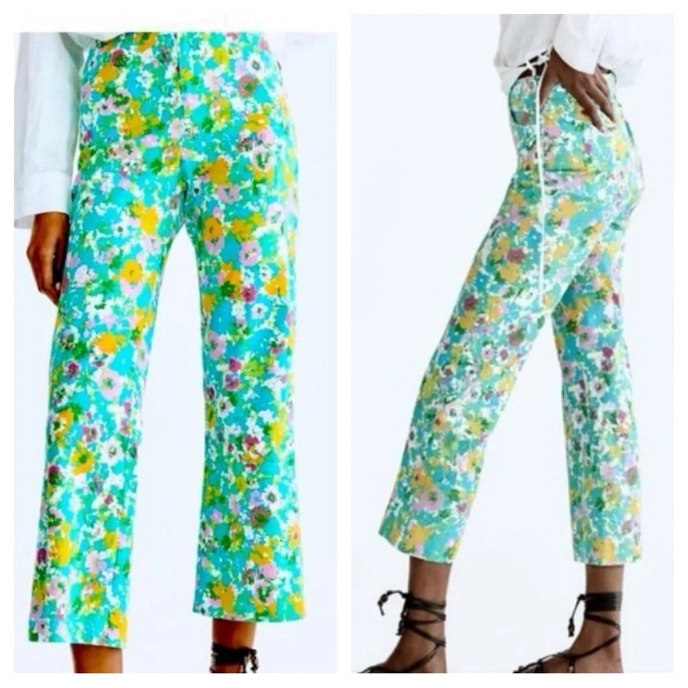 Zara Blue Green Pink Floral Linen Crop Pants Sz 2 NWT